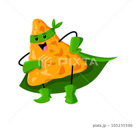 Cartoon fast food cute nacho superhero character. Mexican cuisine chips hero childish mascot, nachos superhero or fast food snack defender isolated vector cheerful character or cute personage Cartoon fast food cute nacho superhero character. Mexican cuisine chips hero childish mascot, nachos superhero or fast food snack defender isolated vector cheerful character or cute personage 105235506