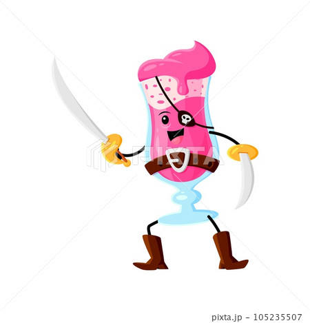 Cartoon fast food smoothie pirate and corsair character. Takeaway cafe sweet drink pirate comical personage, restaurant smoothie dessert beverage buccaneer isolated vector cute mascot with sabers Cartoon fast food smoothie pirate and corsair character. Takeaway cafe sweet drink pirate comical personage, restaurant smoothie dessert beverage buccaneer isolated vector cute mascot with sabers 105235507