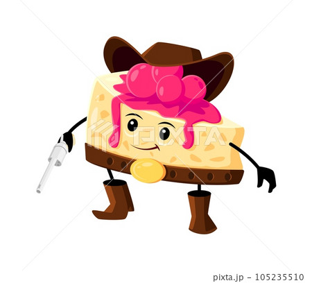 Cartoon fast food cake cowboy, bandit character. Sweet pastry Wild West sheriff comical mascot, restaurant or cafe desert Texas funny bandit or cake with berries western ranger vector happy personage 105235510