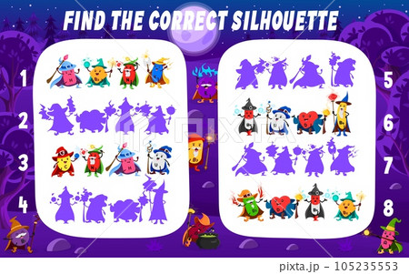 Find the correct shadow of cartoon vitamin and micronutrient wizards. Kids vector matching game worksheet with nutrient capsules for children logic activity, preschool or kindergarten education Find the correct shadow of cartoon vitamin and micronutrient wizards. Kids vector matching game worksheet with nutrient capsules for children logic activity, preschool or kindergarten education 105235553