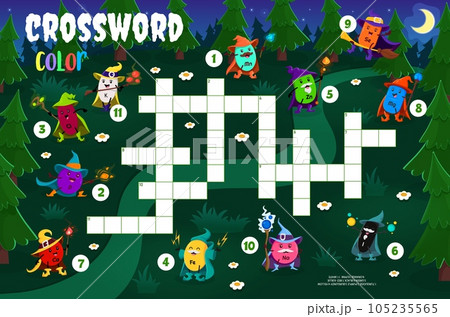 Crossword quiz game grid. Cartoon mineral and micronutrient wizards. Word puzzle game worksheet, kids quiz grid. Vector brainteaser guess a color of supplements capsule sorcerer Halloween characters 105235565