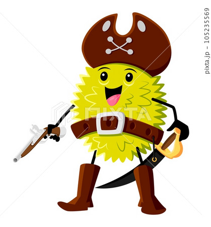 Cartoon durian fruit pirate character wielding gun and sword, tough and intimidating. Isolated vector tropical jackfruit rover adventurous personage ready to defend his treasure or raid ships for loot Cartoon durian fruit pirate character wielding gun and sword, tough and intimidating. Isolated vector tropical jackfruit rover adventurous personage ready to defend his treasure or raid ships for loot 105235569