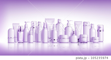 Lavender cosmetics products mockups package containers. Realistic 3d vector bottles, jars and tubes, plastic flasks, serum or deodorant packaging in light purple colors stand together for presentation 105235974
