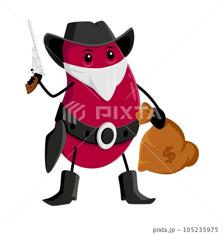 Cartoon bean robber or bandit character. Funny vector red kidney cowboy or ranger with hidden face holding money sack and gun. Isolated fantasy healthy food game or book brave adventurer personage Cartoon bean robber or bandit character. Funny vector red kidney cowboy or ranger with hidden face holding money sack and gun. Isolated fantasy healthy food game or book brave adventurer personage 105235975