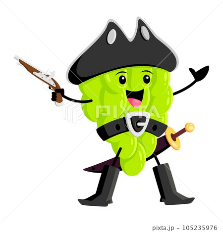 Cartoon grapes fruit or berry pirate and corsair character holding gun. Isolated vector swashbuckling fearless filibuster personage brandishes his weapon with a fierce expression, search for treasure Cartoon grapes fruit or berry pirate and corsair character holding gun. Isolated vector swashbuckling fearless filibuster personage brandishes his weapon with a fierce expression, search for treasure 105235976