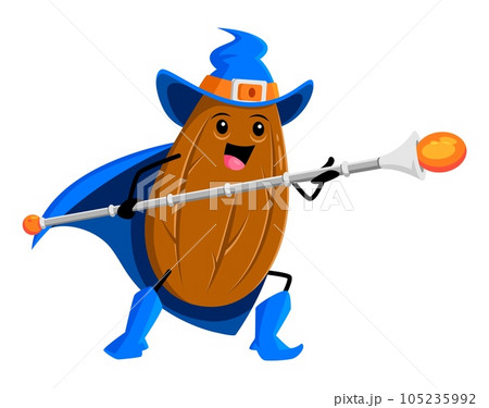 Cartoon almond nut wizard character armed with magic staff. Isolated vector warlock seed personage wearing blue Halloween pointy hat and cape. Healthy protein grain with spellbinding sorcerer stick 105235992