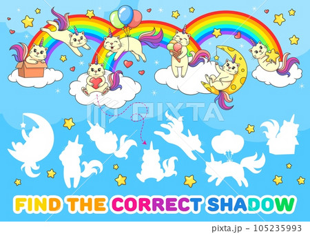Find a correct shadow of cute caticorn cats and kittens, matching game worksheet. Vector puzzle quiz of cartoon unicorn cat characters playing with rainbow, balloons, box, ice cream on sky background 105235993