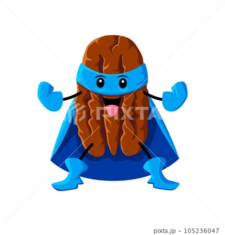 Cartoon pecan nut superhero character in blue mask, cape and gloves. Nut strong warrior, food hero or legume defender funny vector character. Isolated pecan superhero cute mascot or personage 105236047