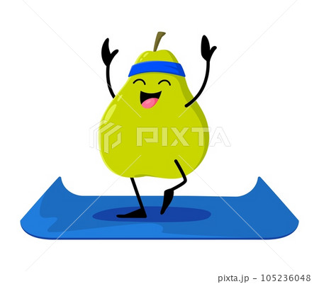 Cartoon guava or pear fruit character on yoga fitness. Happy smiling fruit mascot doing sport workout exercises, comical pear or healthy guava isolated vector personage stretching on yoga mat Cartoon guava or pear fruit character on yoga fitness. Happy smiling fruit mascot doing sport workout exercises, comical pear or healthy guava isolated vector personage stretching on yoga mat 105236048