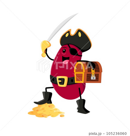 Cartoon red kidney bean pirate or corsair character with treasure chest and saber. Vector veggies in buccaneer costume, tricorn, eye patch and boots defend loot. Plant personage freebooter or picaroon Cartoon red kidney bean pirate or corsair character with treasure chest and saber. Vector veggies in buccaneer costume, tricorn, eye patch and boots defend loot. Plant personage freebooter or picaroon 105236060