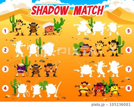 Shadow match game. Wild West cartoon Western cowboy, sheriff and robber fruits characters vector puzzle quiz and riddle. Kids education activity worksheet with Wild West orange, banana, apple, mango 105236081
