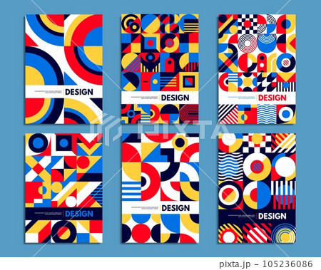 Abstract geometric patterns, bauhaus posters of vector circles, squares, triangles and wavy line shapes. Retro graphic elements and creative forms of bauhaus banners and presentation flyers set Abstract geometric patterns, bauhaus posters of vector circles, squares, triangles and wavy line shapes. Retro graphic elements and creative forms of bauhaus banners and presentation flyers set 105236086