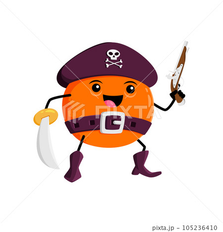 Cartoon orange fruit pirate and corsair character with musket and cutlass. Isolated vector funny citrus personage in filibuster costume with gun. Buccaneer or picaroon tropical plant, healthy food Cartoon orange fruit pirate and corsair character with musket and cutlass. Isolated vector funny citrus personage in filibuster costume with gun. Buccaneer or picaroon tropical plant, healthy food 105236410