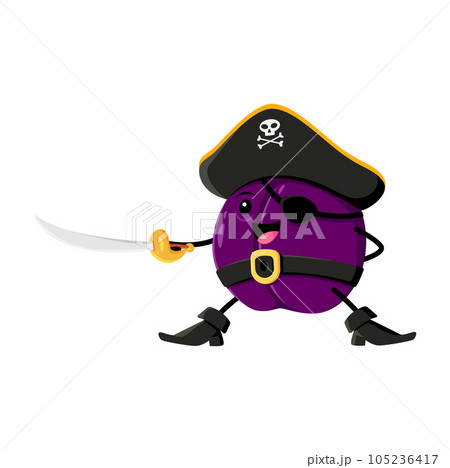 Cartoon plum fruit pirate and corsair character fight with saber. Vector brave funny prune captain. Happy smiling damson picaroon adventurer personage in cocked hat, eye patch and boots fighting Cartoon plum fruit pirate and corsair character fight with saber. Vector brave funny prune captain. Happy smiling damson picaroon adventurer personage in cocked hat, eye patch and boots fighting 105236417