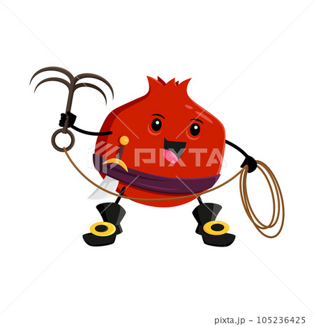 Cartoon garnet fruit pirate and corsair character with grappling hook and saber. Isolated vector smiling sailor buccaneer in boots prepare for boarding enemy ship. Pomegranate freebooter or picaroon 105236425