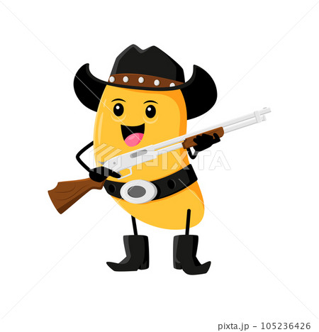 Cartoon mango fruit cowboy, sheriff, ranger and bandit character armed with rifle. Isolated vector wild west personage wear hat, belt and boots holding gun. Healthy tropical fruit, vitamin food emoji Cartoon mango fruit cowboy, sheriff, ranger and bandit character armed with rifle. Isolated vector wild west personage wear hat, belt and boots holding gun. Healthy tropical fruit, vitamin food emoji 105236426