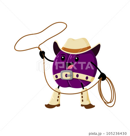 Cartoon plum fruit cowboy, sheriff, ranger and bandit character wear hat and boots, spinning rope lasso. Vector playful whimsical vitamin product, healthy eating or children book cowpuncher personage 105236430