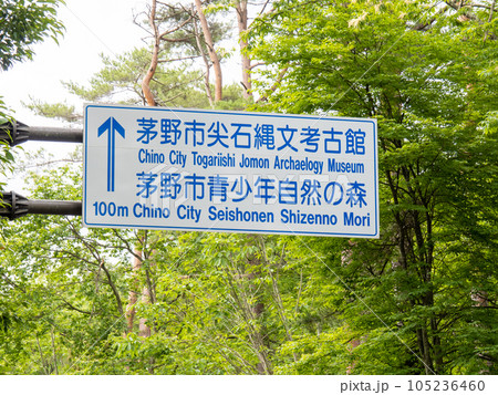 「茅野市尖石縄文考古館」「茅野市青少年自然の森」を案内する道路標識。(長野県茅野市内) 105236460