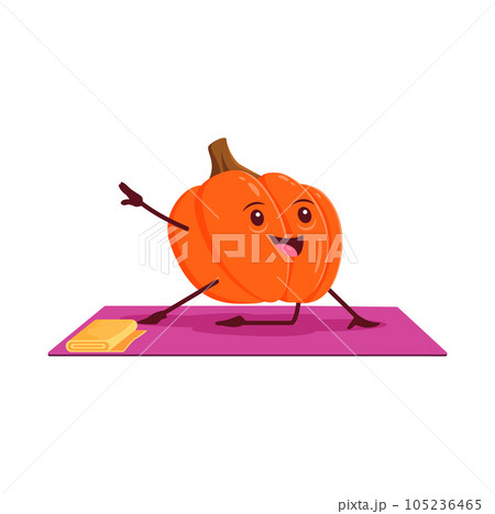 Cartoon pumpkin vegetable character on yoga fitness sport. Isolated vector happy gourd personage stand in asana pose on mat. Yogi squash stand on knee with raised arm, natural food healthy lifestyle 105236465
