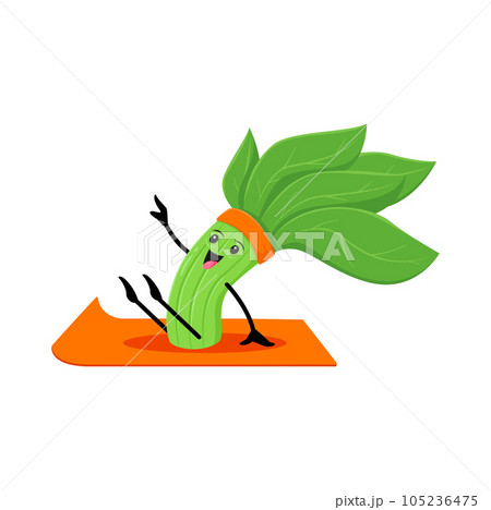 Cartoon spinach vegetable character in yoga pose. Vector funny greenery vitamin food personage sitting on mat seeking balance of body and mind. Healthy lifestyle, sports class, health or yogi practice 105236475