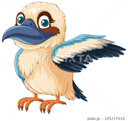 A cartoon illustration of a cute Kookaburra bird standing with one wing open, isolated on white 105237010