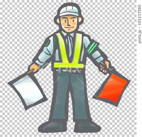 Working clothes male whole body wearing a helmet and holding a red and white flag 105237060