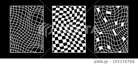 Set of distorted wireframe backgrounds. Abstract wavy checkerboard wallpapers collection. Warped and curved grid surface pattern. Geometric black and white textures. Vector illustration Set of distorted wireframe backgrounds. Abstract wavy checkerboard wallpapers collection. Warped and curved grid surface pattern. Geometric black and white textures. Vector illustration 105238768