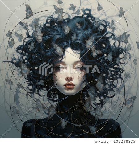 Abstract contemporary surreal portrait of gothic girl with butterflies on black hair AI Abstract contemporary surreal portrait of gothic girl with butterflies on black hair AI 105238875