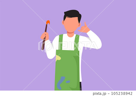 Cartoon flat style drawing painter artist holding paintbrush with call me gesture, using painting tools such as brushes, canvas, watercolors, produce creative art. Graphic design vector illustration Cartoon flat style drawing painter artist holding paintbrush with call me gesture, using painting tools such as brushes, canvas, watercolors, produce creative art. Graphic design vector illustration 105238942