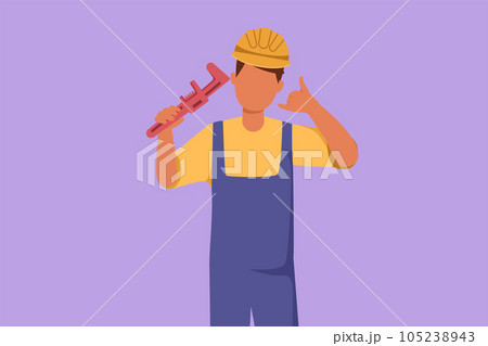 Character flat drawing male plumber holding monkey wrench and wear helmet with call me gesture, ready to work on repairing leaking drain in sink and houses drains. Cartoon design vector illustration 105238943