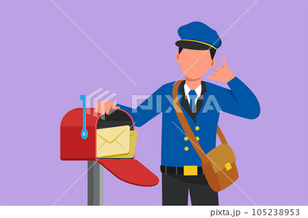 Graphic flat design drawing active postman holding envelope on mail box with call me gesture, wear hat, bag, uniform, working hard to delivery mail to home address. Cartoon style vector illustration 105238953