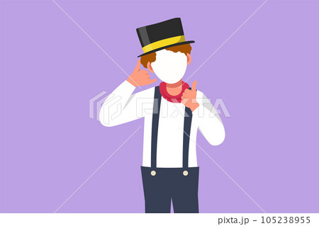 Character flat drawing male mime artist say hi with call me gesture and white face make up puts on silent motion comedy show at circus arena. Creative job industry. Cartoon design vector illustration 105238955