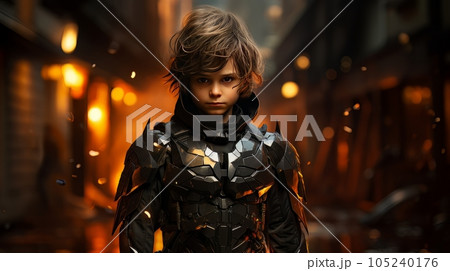 Digital art portrait of little boy in motobiker black suit AI 105240176