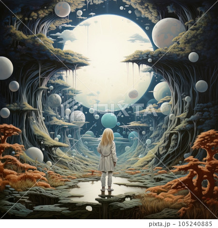 Little blonde girl in wonderland in a surreal forest AI Little blonde girl in wonderland in a surreal forest AI 105240885