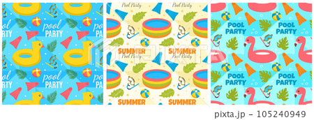 Set of Swimming Pool Seamless Pattern Vector Illustration with Summer Vacation Element in Flat Cartoon Template Hand Drawn 105240949