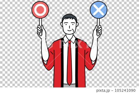 A senior male salesperson wearing a red happi coat with a stick showing correct and incorrect answers 105241090