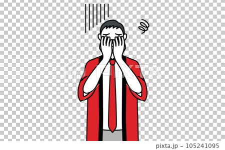 落ち込んで顔を覆う赤い法被を着た販売員のシニア男性 落ち込んで顔を覆う赤い法被を着た販売員のシニア男性 105241095