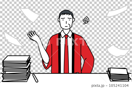 A senior male salesperson wearing a red happi coat who is tired of untidy work A senior male salesperson wearing a red happi coat who is tired of untidy work 105241104
