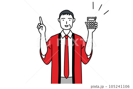 電卓を持って指さす赤い法被を着た販売員のシニア男性 電卓を持って指さす赤い法被を着た販売員のシニア男性 105241106