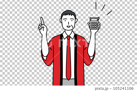 電卓を持って指さす赤い法被を着た販売員のシニア男性 電卓を持って指さす赤い法被を着た販売員のシニア男性 105241106