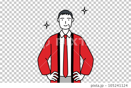 A senior male salesperson wearing a red happi coat with both hands on his waist A senior male salesperson wearing a red happi coat with both hands on his waist 105241124