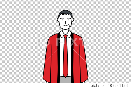 A senior male salesperson wearing a red happi coat with a smile facing the front 105241133