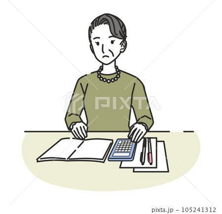 電卓で計算するシニア女性 電卓で計算するシニア女性 105241312