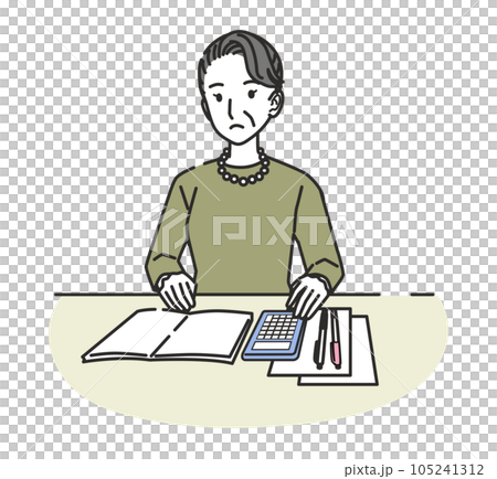 電卓で計算するシニア女性 電卓で計算するシニア女性 105241312