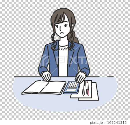 電卓で計算するオフィスカジュアルコーデの女性 電卓で計算するオフィスカジュアルコーデの女性 105241313