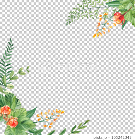 Watercolor square forest frame, border with fern, cloudberry, green branches and yellow wildflowers isolated on white background. Hand drawn botanical illustration. Can be used for logo design, as Watercolor square forest frame, border with fern, cloudberry, green branches and yellow wildflowers isolated on white background. Hand drawn botanical illustration. Can be used for logo design, as 105241345