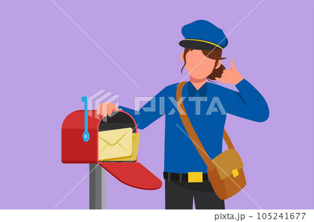 Graphic flat design drawing postwoman holding envelope on mail box with call me gesture, wearing hat, bag, and uniform, working hard to delivery mail to home address. Cartoon style vector illustration Graphic flat design drawing postwoman holding envelope on mail box with call me gesture, wearing hat, bag, and uniform, working hard to delivery mail to home address. Cartoon style vector illustration 105241677