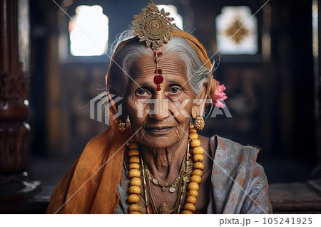 Close-up portrait of an elder Indian woman. 105241925