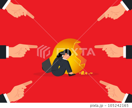 Accused of criticism. Business woman being pointed by giant fingers and blamed. 105242165