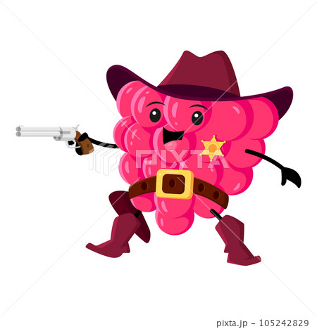 Cartoon funny raspberry cowboy, sheriff character. Vector wild west ripe raw berry wear hat, badge and boots with belt shoot with gun. Western personage for kid game or book, vitamin healthy food 105242829